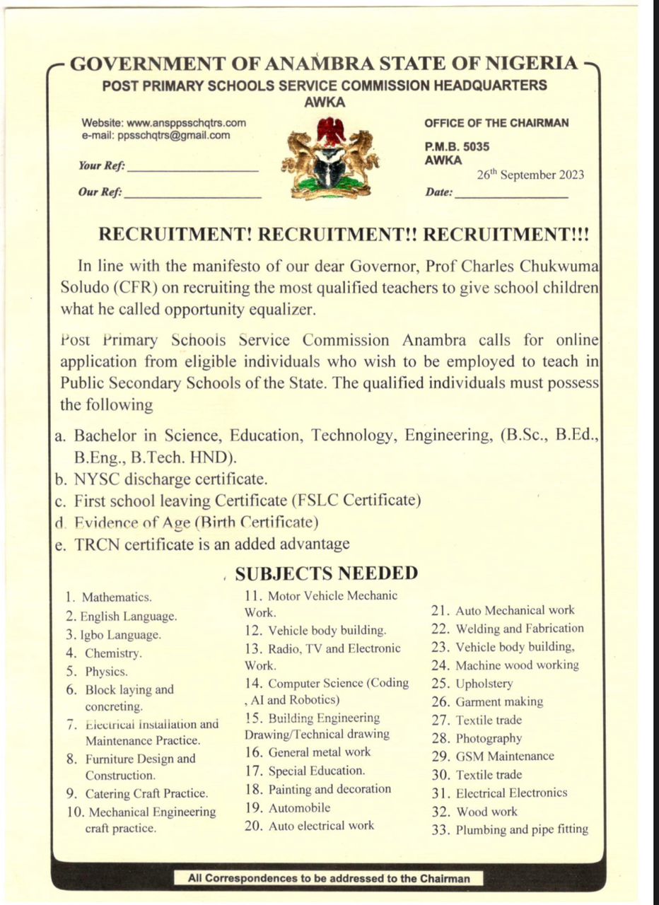 Anambra State Teachers Recruitment 2023/2024 Portal www.anambrastate